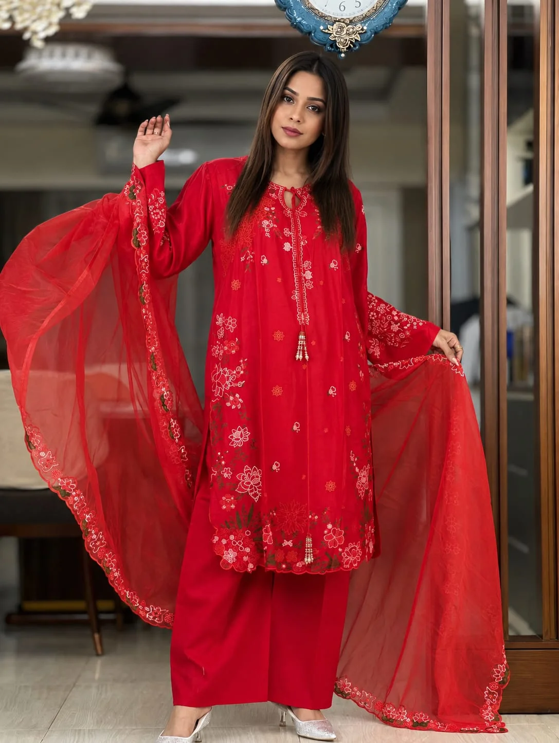 Gorgeous Red Embroidered 3-Piece Salwar Kameez Set with Cutwork Dupatta Gorgeous Red Embroidered 3-Piece Salwar Kameez Set with Cutwork Dupatta - Image 1
