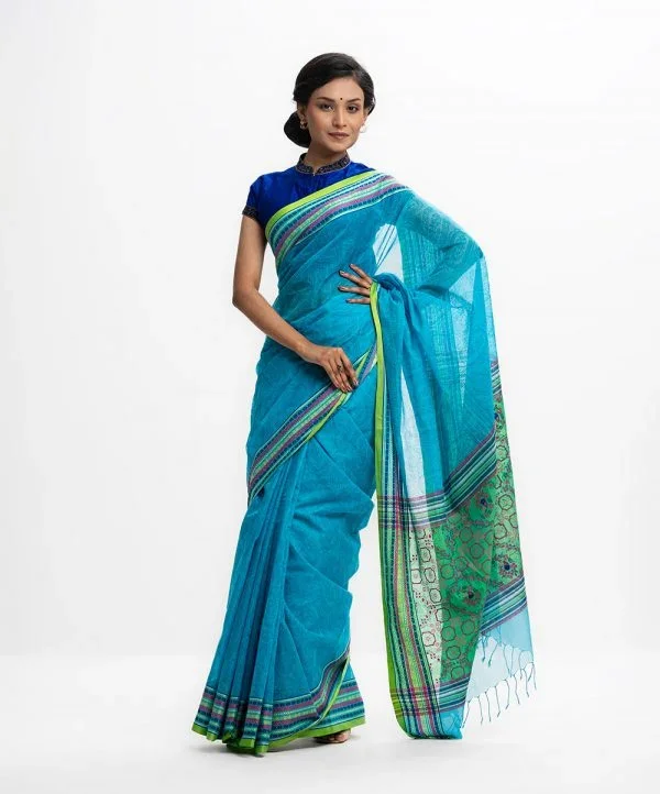 Gorgeous Turquoise Blue Handloom Saree with Printed Green Anchhal Gorgeous Turquoise Blue Handloom Saree with Printed Green Anchhal - Image 1