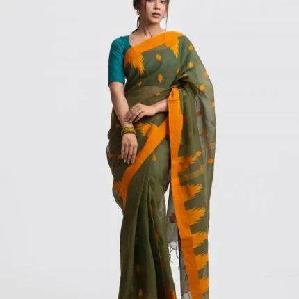 Traditional Olive Green Handloom Saree with Yellow Temple Border